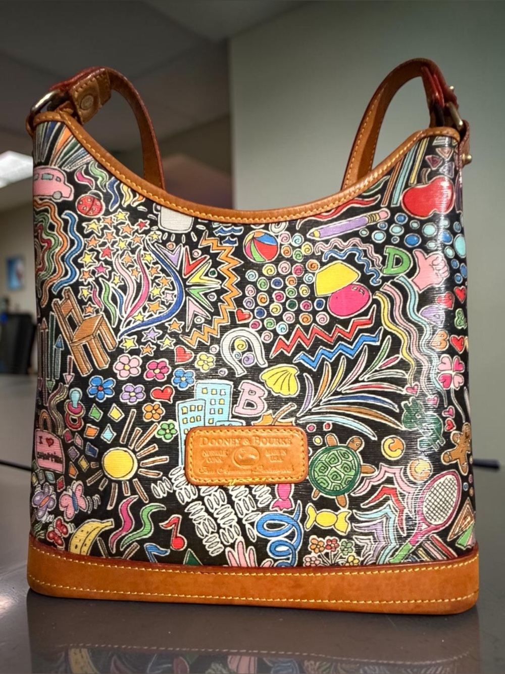 Dooney & Bourke Black Multicolor Whimsy -Print Hobo Bag